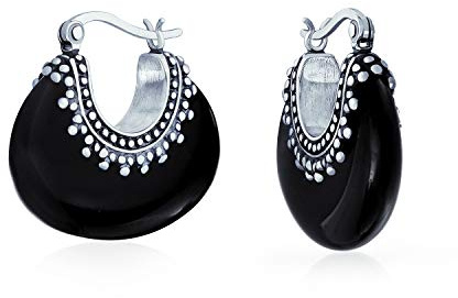 Boho-Bali-Stil Tribal Echte Schwarze Onyx Ovale Halbmond Creolen Für Frauen Oxidiertes Milgrain Kaviarperlen 925 Sterlingsilber