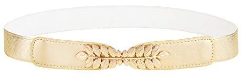 Coucoland Damen Metall dekorativen Gürtel dünnen Gürtel elastischen Taille Strap Stretchy für Kleider (Blatt Muster-Gold)
