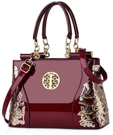 NICOLE & DORIS Donna Borse a mano vernice Borse a Tracolla Elegante Borse a Spalla in PU Pelle Borsetta Borse Tote Moda Borsa ricamata da Donna vino rosso