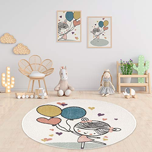 payé Teppich Rund Kinderzimmer - Cream - 160x160cm - Spielteppich Luftballon Herz fröhliches Mädchen Kurzflor Kinderteppich - Oeko-Tex Standard 100