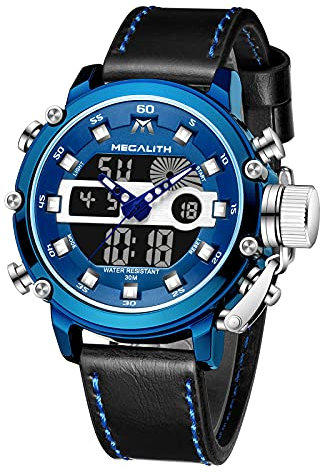 MEGALITH Herrenuhr Militär Digitaluhr Sportlich LED Groß Zifferblatt Uhren fur Männer Digital Analog Leder Armbanduhr Herren Wasserdicht Stoppuhr Wecker Kalender - Blau Schwarz
