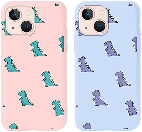 Yoedge 2 pièces Coque pour Apple iPhone 13 Violet et Rose Silicone Motif Dessin Ultra Fine Antichoc Étui Housse de Protection Gel TPU Souple Bumper Case Cover pour iPhone 13 6,1 Pouces, Dinosaure