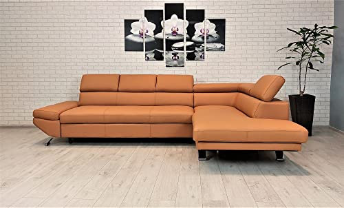 Quattro Meble Hellbraunes Echtleder Ecksofa Varsovia 305 x 193 Sofa Couch mit Schlaffunktion, Bettkasten und Kopfstützen Echt Leder Eck Couch Leder Toledo Sabbia (278 x 193 cm Ecke Rechts)