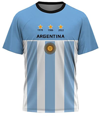 YuanDiann Enfants Argentine Remporte T-Shirts Commémoratifs 3 étoiles Drapeau Impression 2022 Coupe du Monde Football Manches Courtes Col Rond Maillot 5# 130