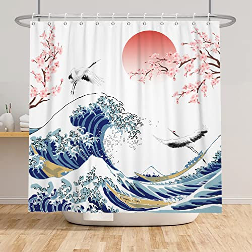 SDOTPMT 120x180cm Tenda da doccia a onde giganti Tenda da bagno asiatica di fiori di ciliegio Tenda del bagno della pittura di paesaggio dell'oca selvatica in alto per la decorazione del bagno