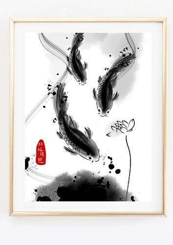 Din A4 Kunstdruck ohne Rahmen - Koi - Kois Goldfisch Fisch Fische - Tuschemalerei Japan China - Bild Poster Druck