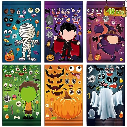 48 Sheets Halloween Stickers Crafts for Kids Toddlers, Make Your Own Halloween Stickers Halloween Goodie Treat Bag Stuffers Halloween Horrible Game Activities for Kids Toddlers Halloween Party Favors