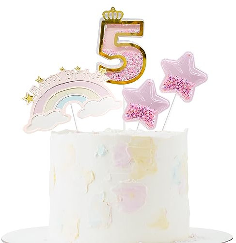 4PCS 5th Birthday Cake Toppers Rainbow Little Stars for Birthday Party Wedding Anniversary Baby Shower Decoration (pink)