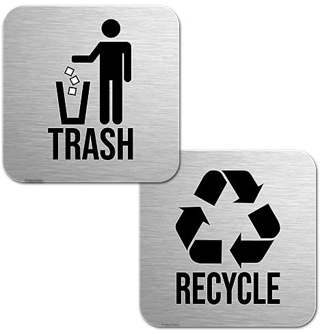 Recycle and Trash Magnets for Kitchen Trash Cans and Recycling Bins, Indoor Trash and Recycle Magnet Combo for Garbage Can Logo Symbol, 2 Magnetic Sticker Adhesives, 5.5 Inch Square, Outdoor Waste Bin