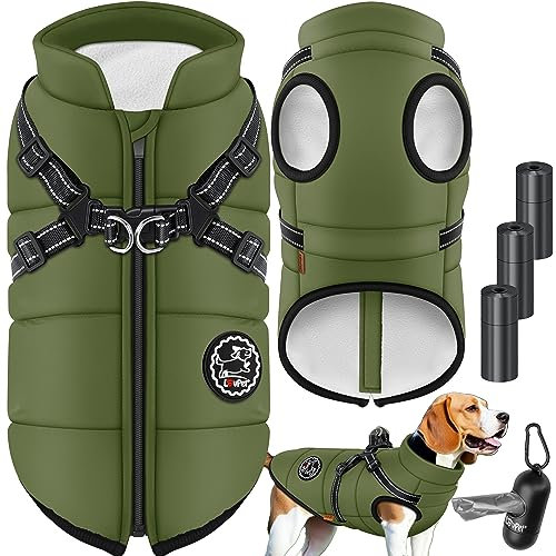 LOVPET® Hundejacke Hundemantel mit Geschirr, inkl. 45 Stück Kotbeutel + Spender, Hunde Winterweste gefüttert wasserdicht, Gepolsterte Weste Mit Brustgurt, Reflektoren, D-Ring XL, Khaki