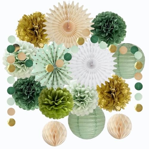 Olive Sage Green and Gold Party Decorations Sage Green Gold Tissue Paper Pom Poms Circle Dots Hanging String Garland for Women Girls Birthday Baby Shower Bridal Shower Wedding Party Decor