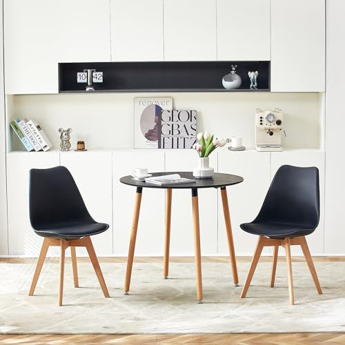 FURNITABLE Essgruppe 3-teilig, Runder Esszimmergruppe Esstisch mit 2 Esszimmerstühle Tischgruppe Esszimmer-Set für Balkon, Küche, Wohnzimmer(Schwarz Tisch + Schwarz Buche Stühle)