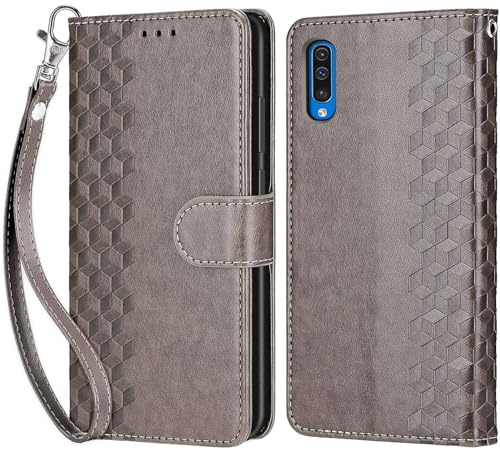 Handyhülle für Samsung Galaxy A50 Hülle, Grau | PU Leder Flip, Klappbar, Stoßfest, Magnetisch, Standfunktion, Kartenfächer, Retro Design, Handgelenkband