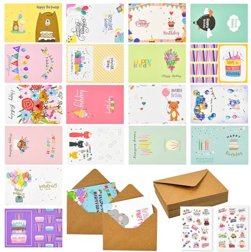 WANTOUTH 20 Stück Geburtstagskarten Set mit Umschlag Glückwunschkarten zum Geburtstag Postkarte Grußkarten Happy Birthday Karte Klappkarten mit 20 Briefumschlag 2 Blatt Aufkleber für Frau, Mann Freund