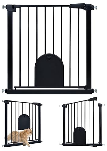 UISEBRT Treppenschutzgitter Türschutzgitter Ohne Bohren für Breiten 75-85 cm Treppengitter mit Katzentür Haustiertür, Selbstschließend, Einhändiges Öffnen Metall Gitter, Schwarz