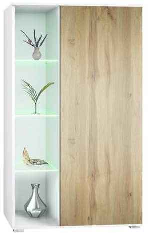 Vladon Vitrine Davos, Made in Germany, Standvitrine mit 3 Glasböden und 8 Fächer inkl. LED, Weiß matt/Eiche Wotan (71,5 x 134 x 35 cm)
