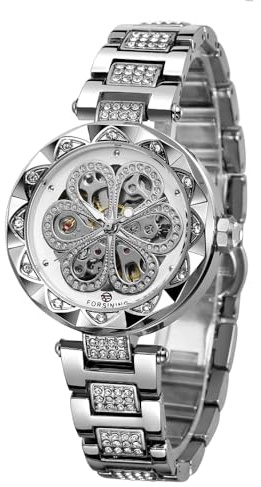 FORSINING Automatische mechanische Damenuhren, Skelett-Steampunk-Uhr mit Diamant und Schnitzerei, Blumenhandwerk, kalte Uhr für Frauen, minimalistisches Retro-Design, mechanische Skelett-Armbanduhr