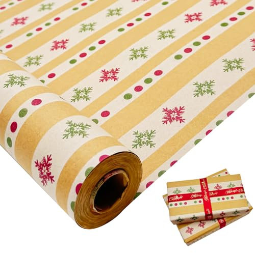 Rouleau de papier cadeau pour Noël : grande taille 76 cm x 12 m, papier kraft rouge et vert, motif festif pour emballage cadeau