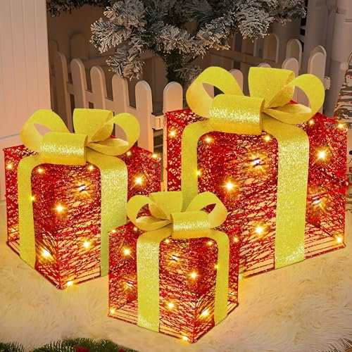FAMKEEP 3 Stück Led Geschenkboxen Weihnachten, Beleuchtete Geschenke, Geschenkboxen Led Weihnachten Eisengießen, Batteriebetrieb, Led Weihnachtsdeko Innen Mit Lichterkette Warm Weiß Beleuchtet