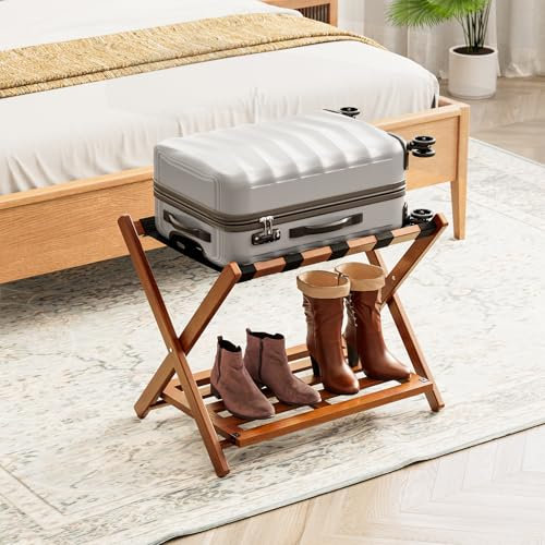 SpaceAid Porte-bagages entièrement assemblé, support de valise pliable en bambou pour chambre d'amis, support de bagage pliable robuste avec étagère de rangement pour chambre à coucher et hôtel, noyer