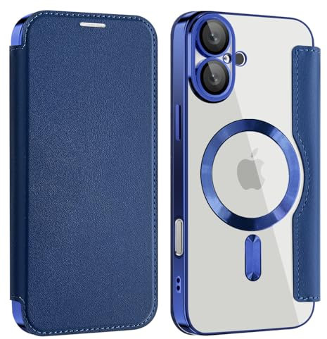 Unichthy Flip Case for iPhone 16 Plus Clear Cover Support MagSafe |RFID Blocking| Wallet Purse Shockproof Leather Stand Cover Individual Protection for Each Lens Phone Skin for iPhone 16 Plus Blue