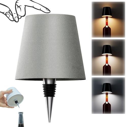 AIMARS Wireless Bottle Lamp, 3 Color Stepless Dimming Wine Bottle Lamp, LED Rechargeable Touch Control Wireless Bottle Lampshade for Bedroom, Restaurant, Bar (Silver, 1-Pack)