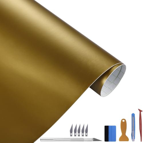 NewL Matte Vinylfolie, Selbstklebende Folie, Luftablassblase, für den Außenbereich geeignet für den Automobilgebrauch, enthält Installationswerkzeuge (gold, 30cm x 300cm)