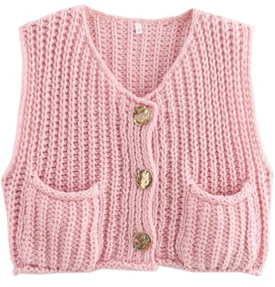 Women Chunky Sweater Vest Button Down Crochet Cable Knit Cardigan Sleeveless Open Front Knitted Crop Waistcoat(Pink,Large)