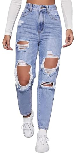Jelove Women's High Waist Boyfriend Straight Leg Ripped Jeans Distressed Denim Pants (Blue, M)