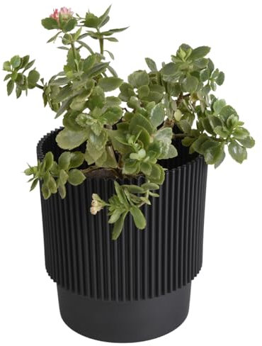 B2C Plant Pots Flower Planter 3 Colours 3 sizes Plastic Pot Modern Elegant Textured Modern Home Garden Indoor Outdoor use Convex stripes (Black, W17cm x H19cm)