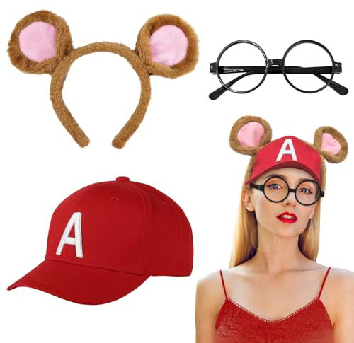 SAIIURV 3 Stücke Karneval Streifenhörnchen kostüm Kinder, Chipmunks Ohren, Rote Mütze mit Brief A für Tierkostüm Cosplay Geburtstagsparty Zubehör Halloween Kostüm Kostüm Partyzubehör (Mehrfarbig)