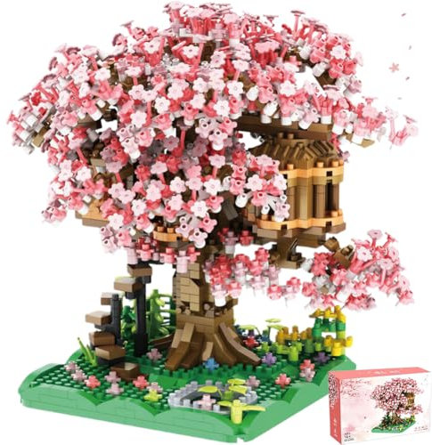 QWEPU Juego De Construcción De Árbol Sakura, construcción Cerezo con Hada, Juguete de Ladrillos de construcción de partículas de Sakura, DIY Japan Creative Decoration Gift (Unas 2.000 Piezas)