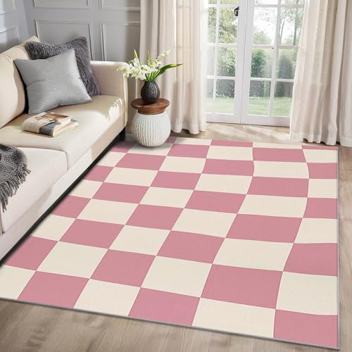 MMYAOKEN Schachbrett Teppich Wohnzimmer 100x200 Rosa Weiß Kariert Deko, Teppich Kurzflor, Weich rutschfest Waschbare Teppiche, Bettvorleger Schlafzimmer Kinderzimmer