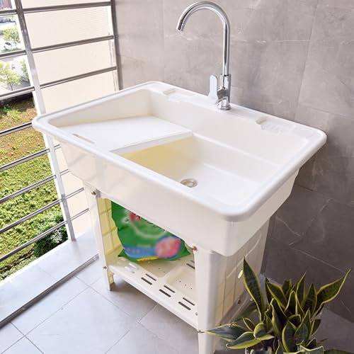 Lavello da Esterno Autoportante,Lavabo da Esterno in Plastica,Mobile Lavandino Lavanderia,Portatile Lavelli di Utilità con Rubinetto e Tubo Flessibile,per Cucina,Campeggio,Giardino(White,80x58x80cm)