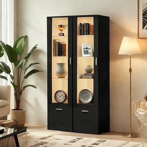 Joiemebi Vitrina LED con Puerta Y Estantes de Cristal, Luces para Armario de Almacenamiento, para Salón De Oficina, 42 x 30 x 160 cm (2, Negro)