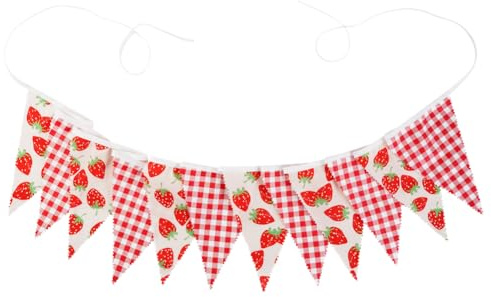 JIHUOO 3,2 m lange Erdbeer-Flagge, Banner, Erdbeer-Motto-Party, Banner, Beere, Babyparty, hängende Girlande, Obst-Thema, Geburtstagsbanner rot und weiß, kariert, Banner, Stoff, Wimpel, Dreieck-Flagge