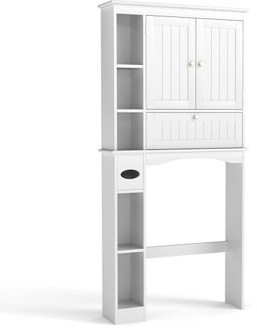 GOPLUS Armario de Baño sobre el Inodoro con Estante Ajustable | Mueble Organizador de Baño con Portarrollos, Barra Inferior y Diseño Moderno en Blanco