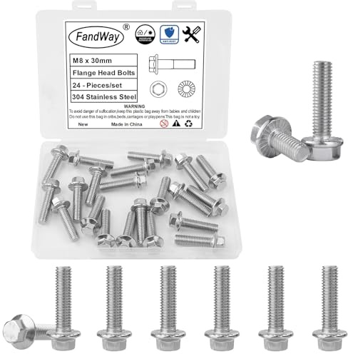 FandWay 24 Stück M8x30mm Sechskantschrauben,Flanschschrauben Edelstahl A2 V2A,Strukturschrauben, Außensechskan,Vollgewinde, Gewindesteigung 1,25 mm, für Auto und Motorradreparatur.
