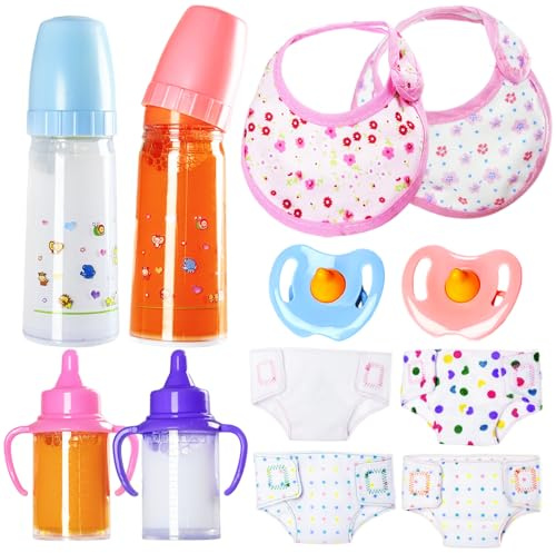 Kuihaazi 12PCS Baby Doll Accessories Set,Doll Pretend Play Feeding Toys,Baby Doll Feeding Include Disappearing Milk and Juice Bottles,Pacifier,Bibs,Diapers