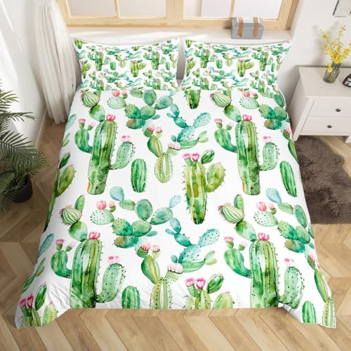 Homemissing Kaktus Blume Thema Bettwäsche Set 135x200cm für Kinder Jungen Mädchen Boho Saftig Betten Grüne Pflanzen Bettwäsche-Set Dornenpflanzen Bettbezug mit 1 Kissenbezug