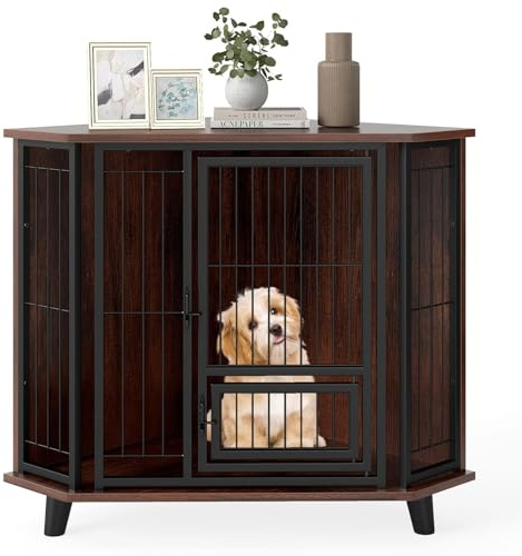 FANTASK Hundebox Holz mit abschließbarer Tür, Eck Hundehütte mit stabilen Metallgittern & 3 Beinen, Hundemöbel platzsparend für kleine und mittelgroße Hunde, Innenbereich, 60 x 60 x 71,5 cm, Braun