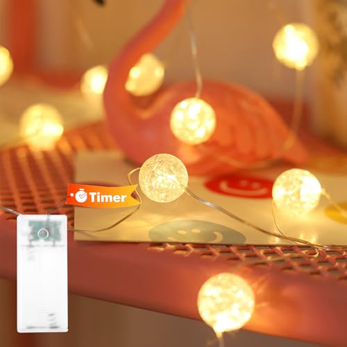 Kaleora LED Lichterkette Kristallkugeln mit Timer, 1M 10 LED Crackle-Perlen Lichterkette Batteriebetrieben, Lichterketten Kristall Kugeln für Innen Hochzeit Weihnachten Valentinstag Party, Warmweiß