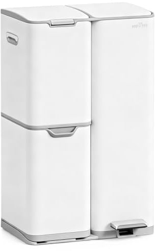 mVm Cubo de Basura Cocina de Acero Inoxidable, 3 Compartimentos 60L con Tapa de Cierre Suave, Contenedor Multifuncional para Separación de Residuos en Casa u Oficina, Blanco