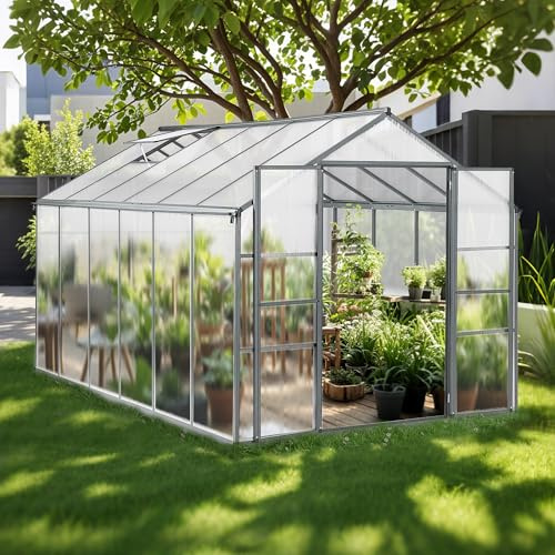 Gegaden Gewächshaus Aluminium für den Garten |Mit 8 cm dickeres Fundament| 361*238*225 cm | Vielseitig nutzbar als Treibhaus Gartenhaus Winterfest Aufzucht Tomatenhaus Frühbeet und Pflanzenhaus Grau
