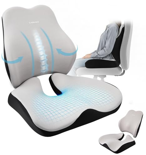 Pack Cojín Silla y Almohada Lumbar con Espuma Viscoelástica, Set de Cojín de Asiento y Almohada Lumbar en Forma de U, Cojín Silla Oficina con Recorte para Coxis, Cojín Lumbar Coche y Soporte