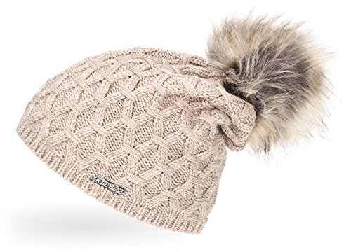 Neverless® Damen Strickmütze gefüttert mit Fell-Bommel, Strick-Beanie, Winter-Mütze, Bommelmütze, Hellbeige Unisize