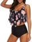 Durio Bikini High Waist Damen Zweiteiliger Bikini Set Hohe Taille Bikinihose mit Langem Volant Chrysantheme-Schwarz 44