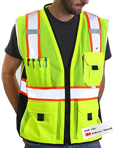 Dib Safety Reflektierende gelbe Netzweste, hohe Sichtbarkeit, Weste mit Taschen und Reißverschluss, ANSI-Klasse 2, strapazierfähig, hergestellt mit 3M-Reflektorband, Größe 3XL