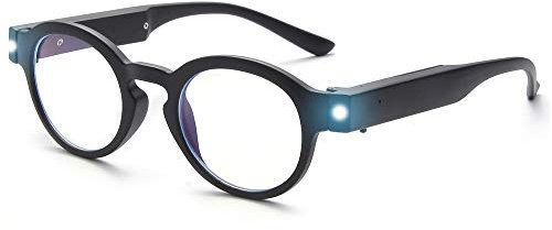 OuShiun Lesebrille mit LED Licht Leser Blaues Licht Blockierung Anti Eyestrain Runde Brillen beleuchtet Nachtzeit(Schwarz,+1.00)