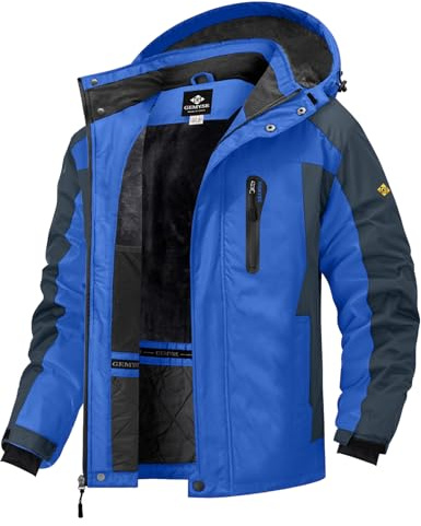 GEMYSE Homme Veste de Ski Imperméable de Montagne Manteau d'hiver Extérieur en Polaire Coupe-Vent avec Capuche (Bleu Gris,2XL)